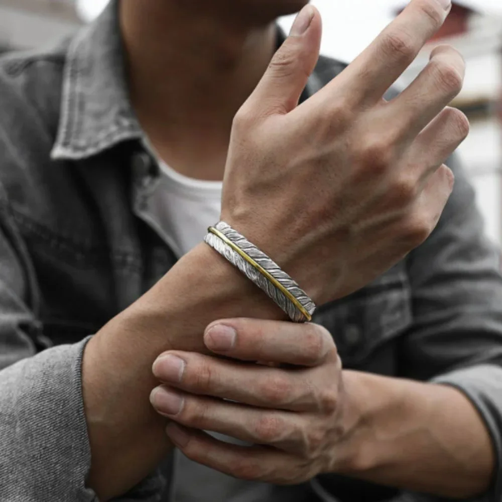 Takahashi Goro's Handmade Silver Golden Feather Cuff Bracelet Bangle